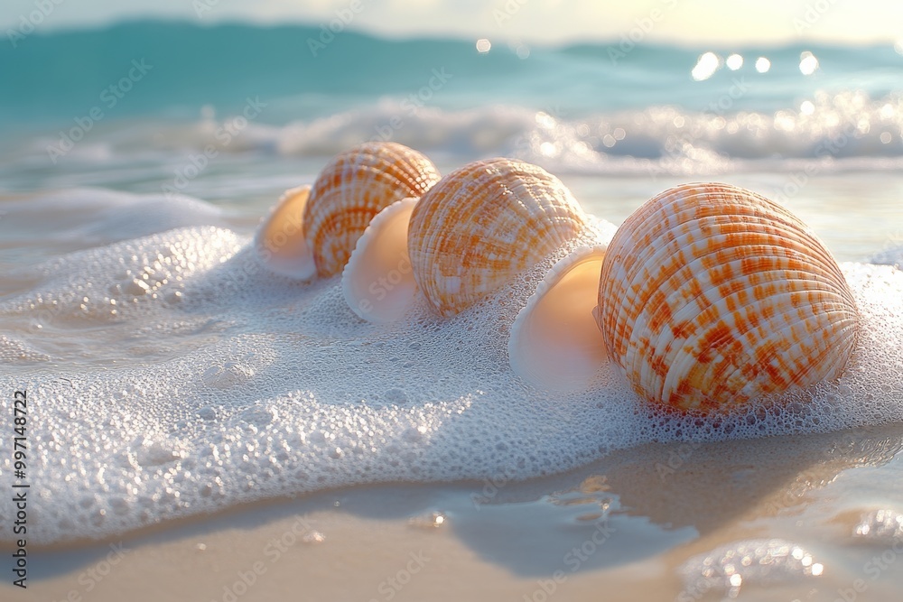 A seashells resting side by side on the sand. Generative AI A seashells resting side by side on the sand. Generative AI