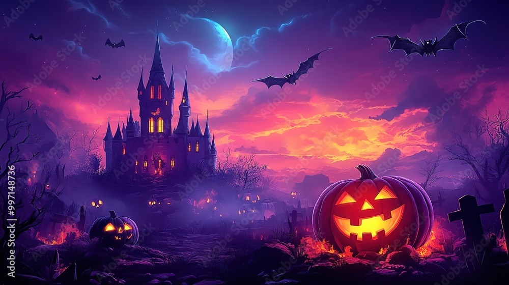 A spooky Halloween scene featuring a haunted castle, glowing pumpkins, bats, and a vibrant sunset sky. A spooky Halloween scene featuring a haunted castle, glowing pumpkins, bats, and a vibrant sunset sky.