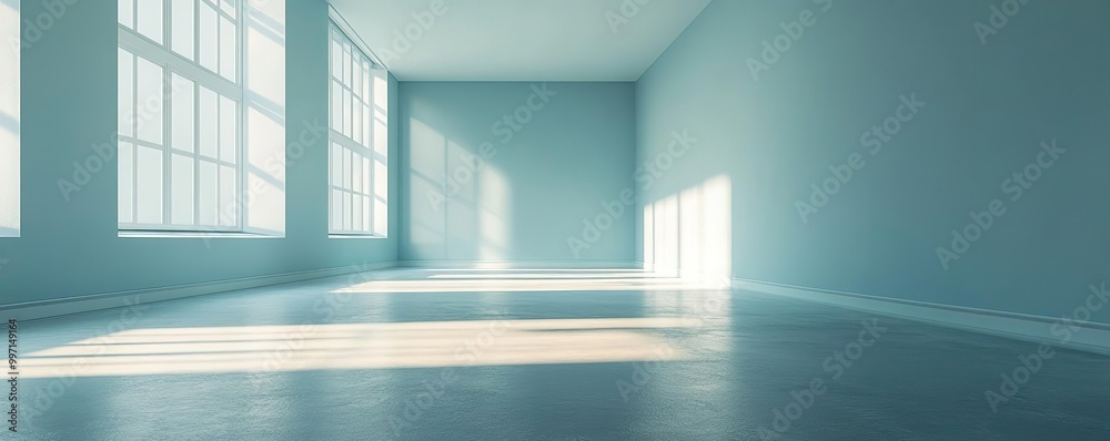 Fototapeta premium Spacious empty room with large windows and soft natural light casting shadows on the floor. Ideal for creative projects.