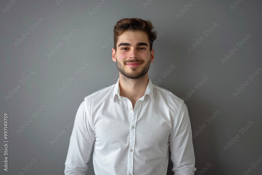 Smiling young businessman with laptop on grey background. Smiling young businessman with laptop on grey background.