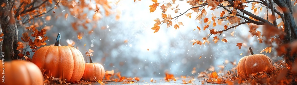 A serene autumn scene featuring vibrant orange pumpkins surrounded by colorful leaves and a misty background. A serene autumn scene featuring vibrant orange pumpkins surrounded by colorful leaves and a misty background.