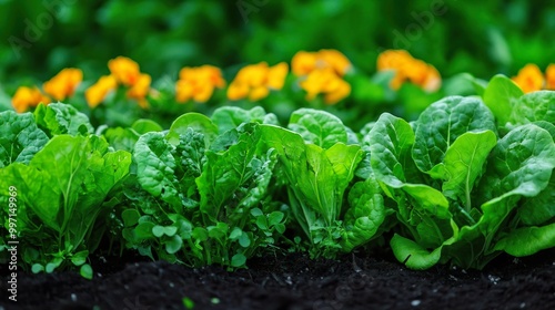 Close-up of fresh green lettuce growing in a garden. photo