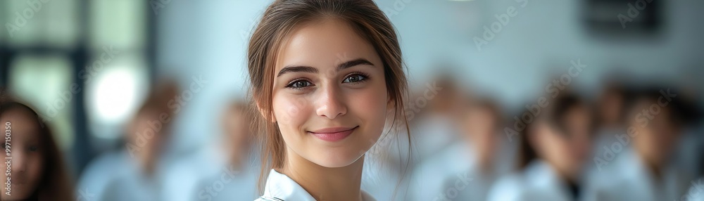 A smiling student in a classroom setting, radiating confidence and positivity among peers. Ideal for educational themes. A smiling student in a classroom setting, radiating confidence and positivity among peers. Ideal for educational themes.