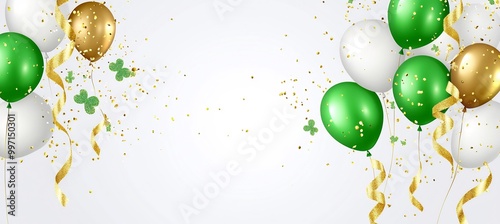 Green and white balloons with golden ribbons on a light background photo