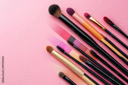 Set of professional makeup brushes with varying sizes and shapes arranged on a pink background ideal for precise application of eyeshadow foundation and highlighter in beauty tutorials