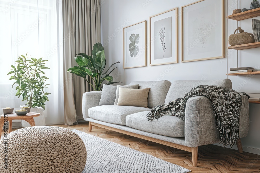 Fototapeta premium Modern Scandinavian living room with cozy elements.