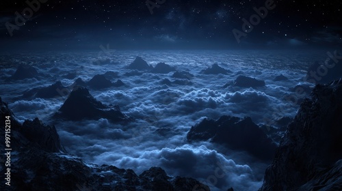 A bright, glowing sky illuminates soft clouds below, creating a serene atmosphere under a starlit night. Concept: Tranquility and wonder.