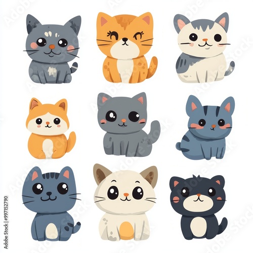 A set of nine cute cartoon cats in various colors and poses.