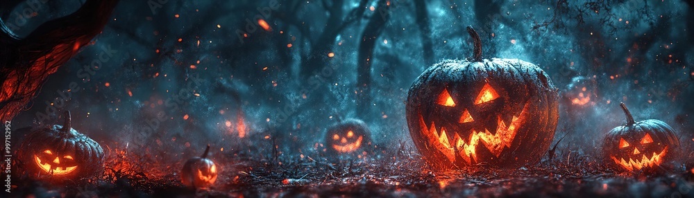 Fototapeta premium Eerie Halloween scene with glowing jack-o'-lanterns in a misty forest, creating a spooky and magical atmosphere.