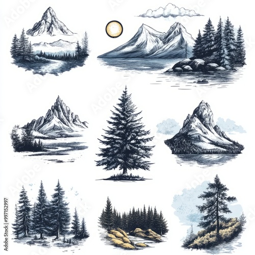 A set of nine hand-drawn illustrations of mountains, trees, and lakes. photo