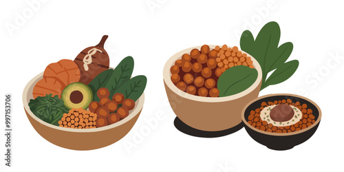 Set of Food Vector Illustration - Vegan Buddha Bowl with Fresh Vegetables and Grains