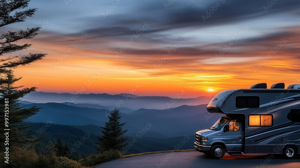Fototapeta premium RV Motorhome camper at camp site overlooking a mountain range at sunset - recreational, vehicle