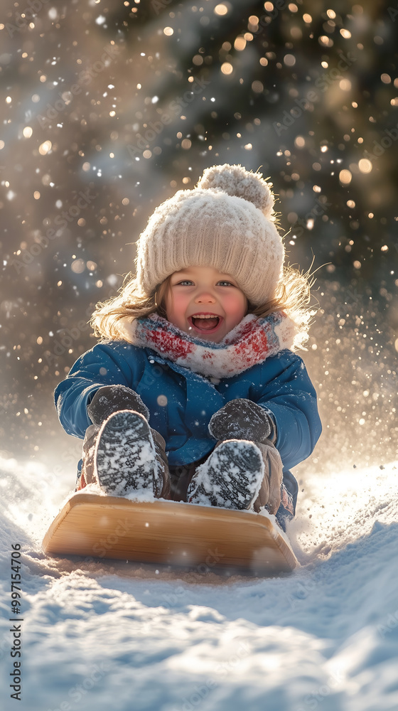 A joyful child sledding down a snowy hill, wrapped in winter clothes with a bright scarf flowing in the wind. Joy of winter fun and outdoor play A joyful child sledding down a snowy hill, wrapped in winter clothes with a bright scarf flowing in the wind. Joy of winter fun and outdoor play