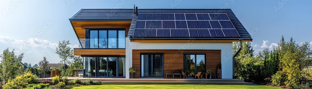Modern eco-friendly house with solar panels and lush greenery, showcasing sustainable living and innovative architecture. Modern eco-friendly house with solar panels and lush greenery, showcasing sustainable living and innovative architecture.