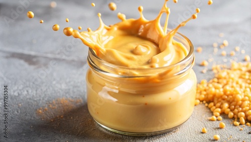 Mustard sauce splashing out from glass bottle isolated on background, delicious dipping yellow sauce. photo