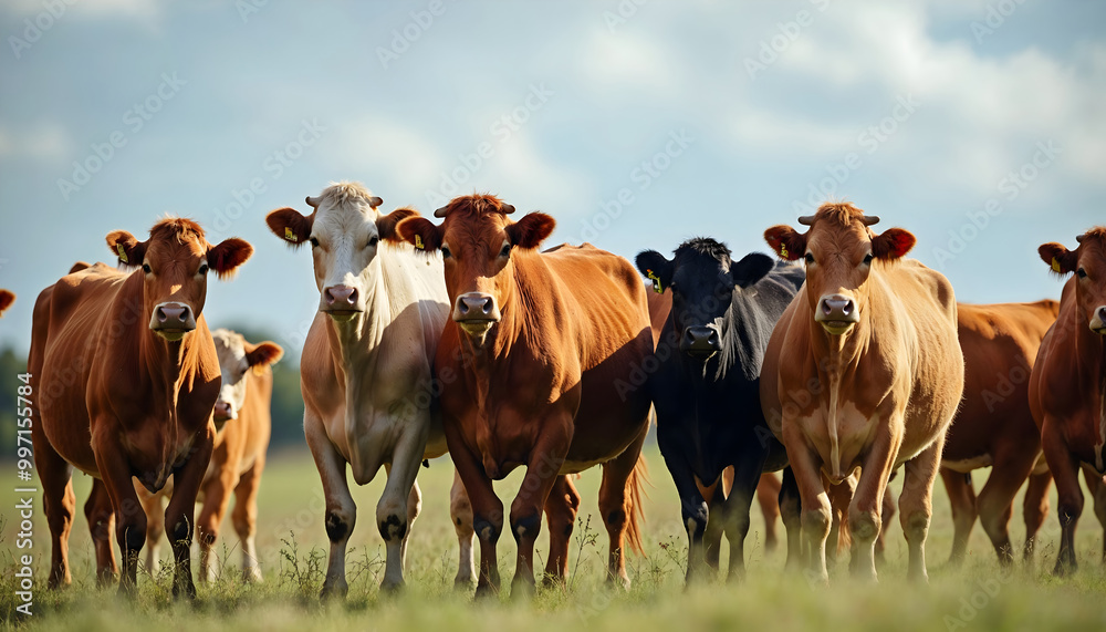 a group of cows bull cattle with horns, in a field farm, horizontal a group of cows bull cattle with horns, in a field farm, horizontal