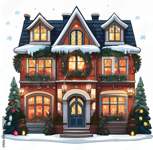 A set of isolated decorated buildings for New Year and Christmas, christmas house in the snow Adobe Illustrator Artwork