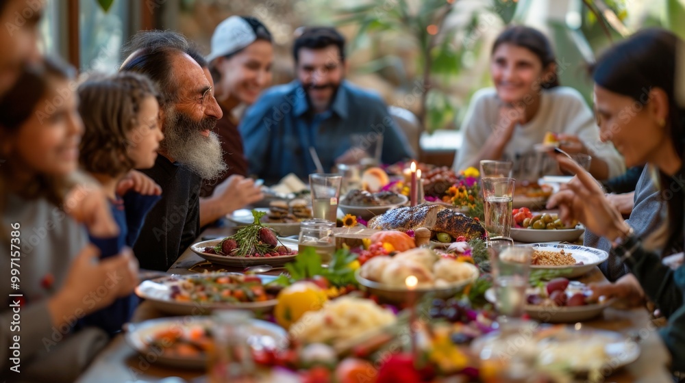 A family is gathered around a large table with a variety of food A family is gathered around a large table with a variety of food
