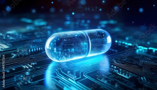 A computer chip with pills on it. Generated image