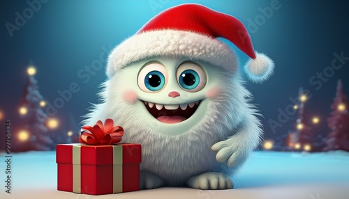 Cute Cartoon White Snow Monster Holding a Christmas Hat and Wearing a Santa Hat