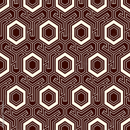 Honeycomb seamless pattern. Hexagon mosaic tiles ornament. Ethnic surface print. Repeated geometric figures background. Ornamental wallpaper. Modern geo design digital paper.