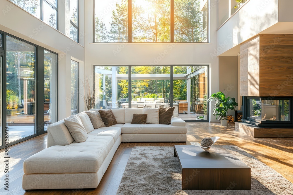 Fototapeta premium Sunlit luxury living room with modern decor and expansive windows.