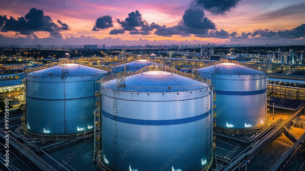 twilight scene of hydrogen storage facilities with city backdrop twilight scene of hydrogen storage facilities with city backdrop