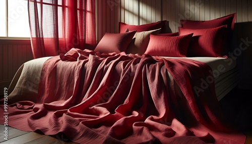 deep ruby red linen fabric elegantly draped over a beautifully made bed. the fabric should cascade softly over the edges of the bed