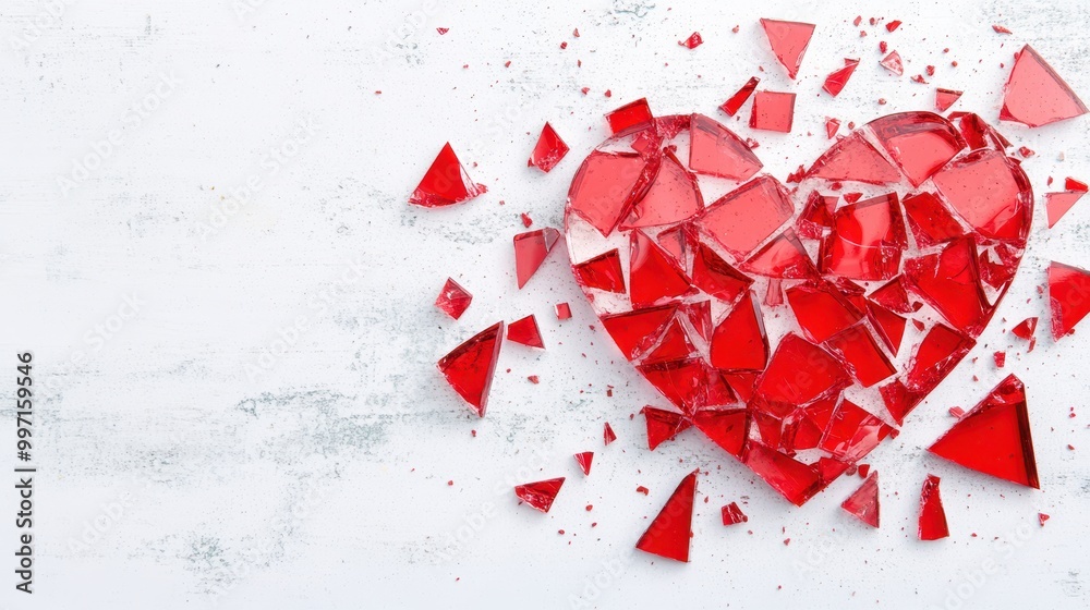 A mosaic heart made of red broken glass shards isolated on a white background. Concept: Broken love and healing.