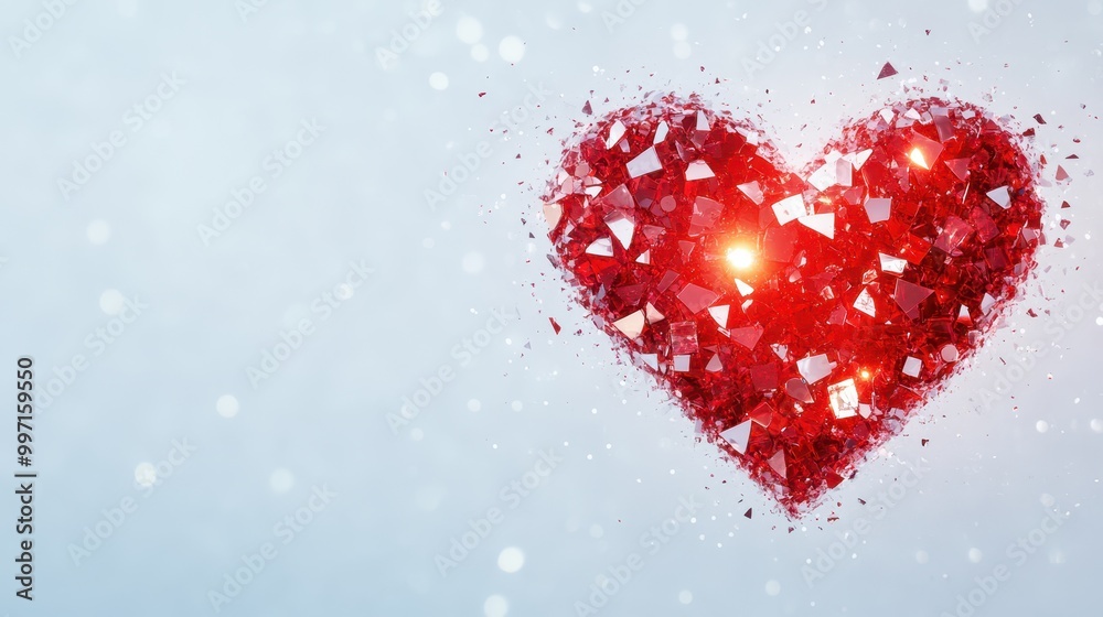 A mosaic heart made of red broken glass shards isolated on a white background. Concept: Broken love and healing. A mosaic heart made of red broken glass shards isolated on a white background. Concept: Broken love and healing.