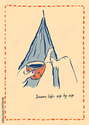 Vector motivation poster with coffee and hammock. Hand-drawn vintage poster with handwritten phrase Savor life, sip by sip isolated on beige background. For design, print, interior, background.
