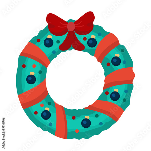 Illustration of a Christmas wreath for home decor in flat style decorated with a red ribbon bow and Christmas tree toys on a white background
