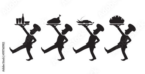 Cooks bring trays with food and drinks. Vector black silhouette image.