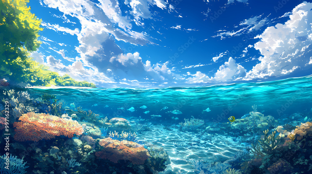 Naklejka premium Coral atoll in pacific ocean anime. Coral Atoll. Illustration