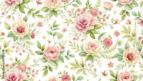 Wallpaper Mural Seamless floral pattern with delicate blooming roses in soft pink and green tones on a white background for romantic and feminine designs Torontodigital.ca