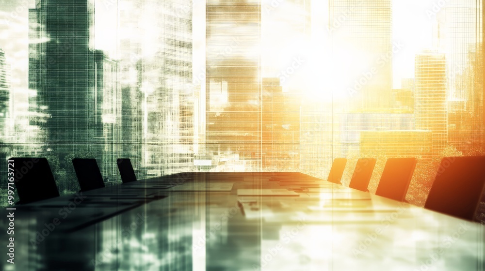 Cityscape Reflection in Modern Boardroom Cityscape Reflection in Modern Boardroom