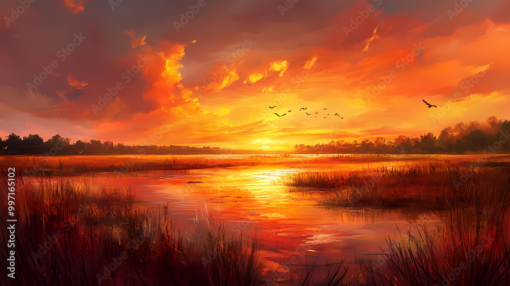 Obraz premium Fiery sky over serene wetlands at sunset. Wetlands. Illustration