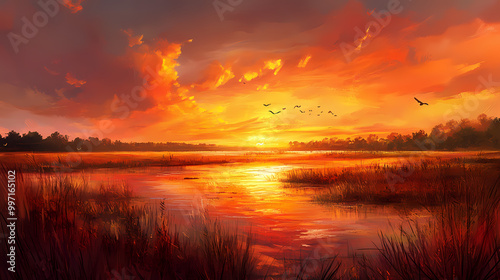 Fiery sky over serene wetlands at sunset. Wetlands. Illustration