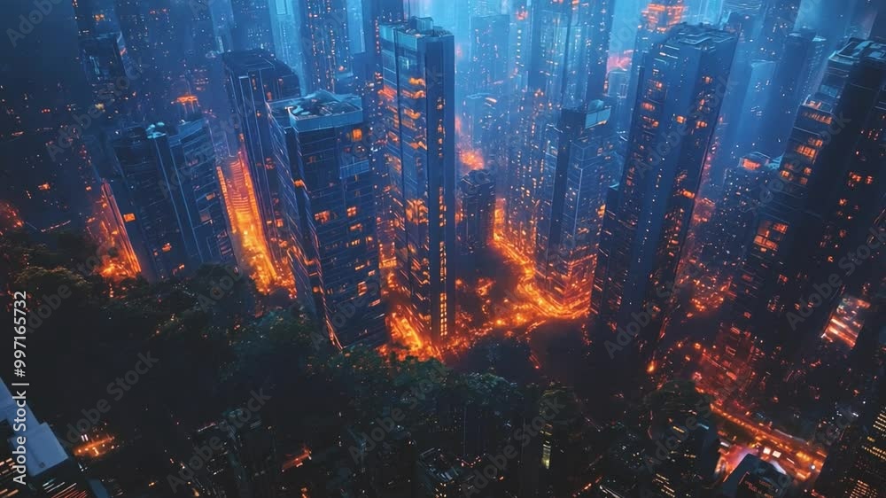 The view captures a sprawling city at twilight, illuminated by warm lights streaming from skyscrapers, creating a serene yet vibrant urban atmosphere. The view captures a sprawling city at twilight, illuminated by warm lights streaming from skyscrapers, creating a serene yet vibrant urban atmosphere.