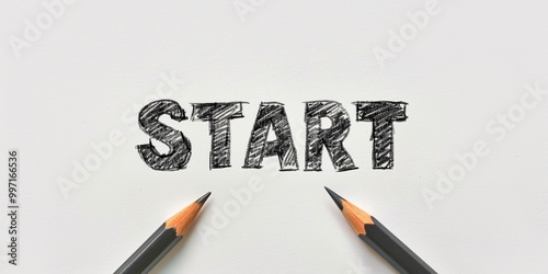 Black pencil sketch of the word START on white background, symbolizing new beginnings and motivation photo