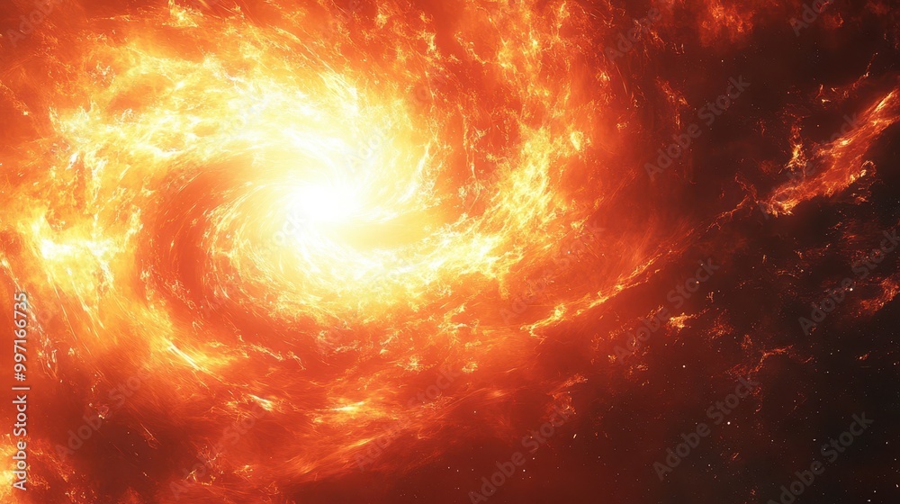 A bright, fiery explosion of light and energy in space, resembling a cosmic event. Concept: Power and creation. A bright, fiery explosion of light and energy in space, resembling a cosmic event. Concept: Power and creation.