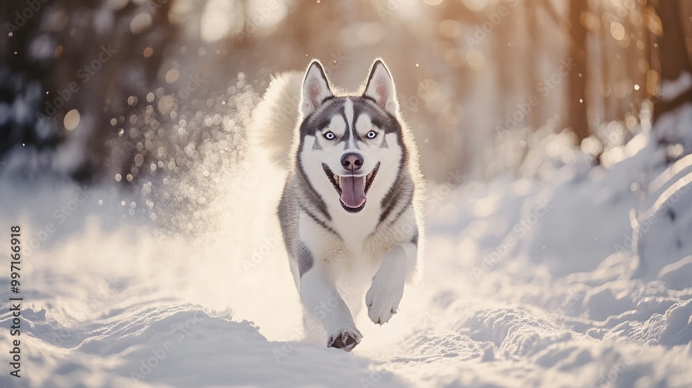 Portrait of a Happy Husky Dog Running in the Snow at Winter Sunset – Energetic and Playful Scene with Snowflakes and Warm Light, funny animal in winter outdoor