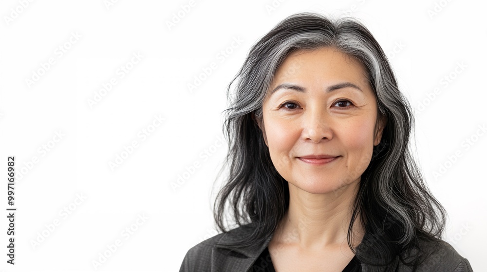 Elegant Portrait of a Mid-Aged Japanese Woman with Long Grey Hair Smiling at the Camera in Natural Light on a Soft White Background Elegant Portrait of a Mid-Aged Japanese Woman with Long Grey Hair Smiling at the Camera in Natural Light on a Soft White Background