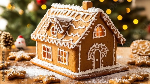 A beautifully decorated gingerbread house with white icing, surrounded by gingerbread cookies, set against a festive background with bokeh lights.