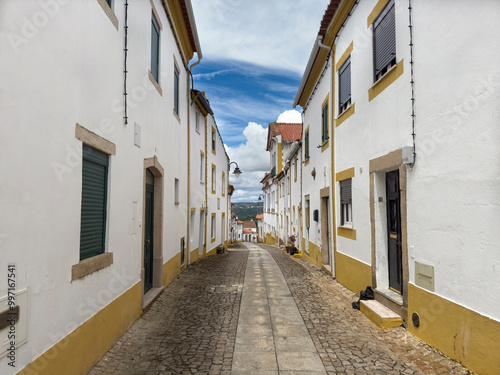 View of a street with traditional white and yellow houses, in the village of Amieira do Tejo, in Alentejo, Portugal