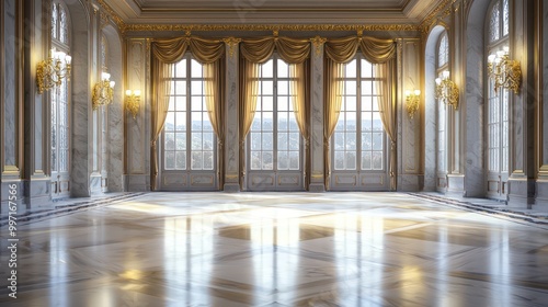 A grandiose hall with marble flooring, gold wall sconces, and velvet-draped windows The hall is ideal for receptions and showcases classical luxury