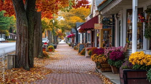 Fototapeta Naklejka Na Ścianę i Meble -  A picturesque small town street is adorned with vibrant autumn leaves as quaint shops display seasonal flowers and décor, inviting visitors to enjoy the beauty of fall