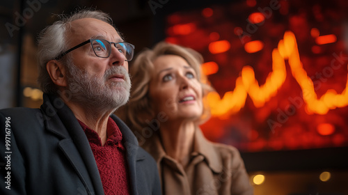 Retired Old Couple with the stock market crashing behind them, pensions crisis, pension fund crash