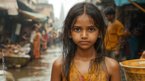 Sad Hindu girl, child labor in poor countries