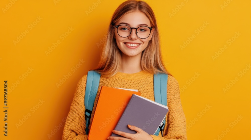 Smiling Student Holding Books in Bright Yellow Background